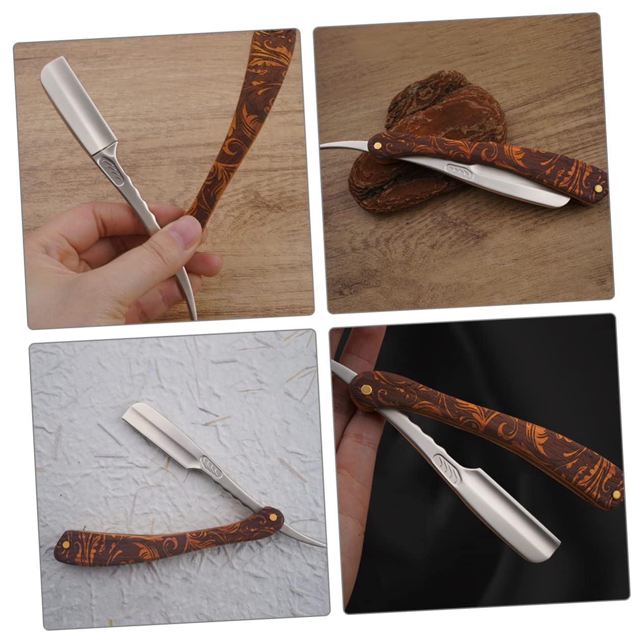 Rasoio a Mano in Acciaio Inox Pieghevole Stile Vintage | Impugnatura Marrone in Legno, Controllo Preciso, Uso Professionale e Commerciale