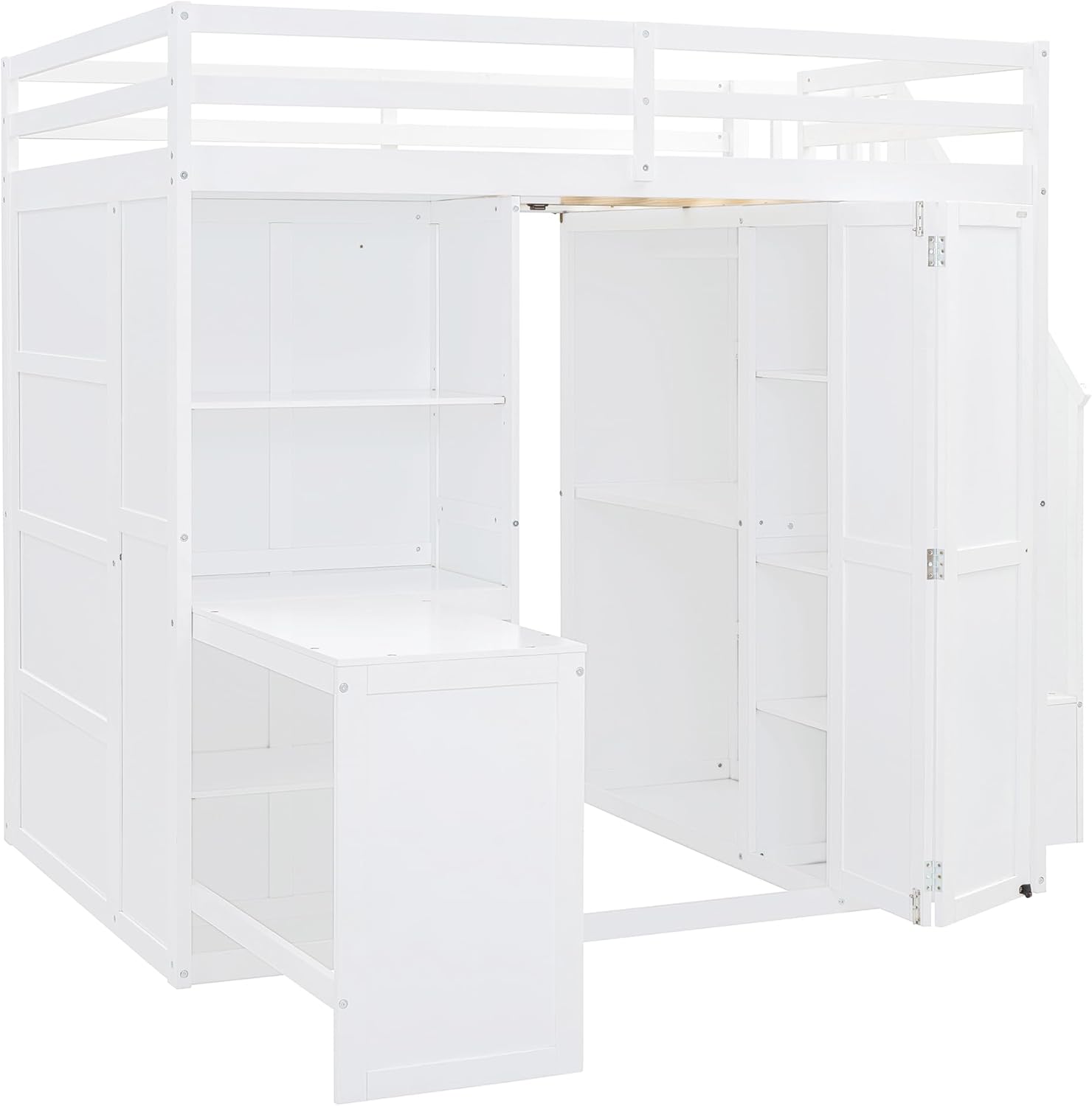 Loft Bed with Stairs, Full Size Loft Bed with Wardrobe, Desk and Storage Shelves, Full Loft Bed Frame for Dorm, Boys & Girls, Teens, No Box Spring Needed (White)