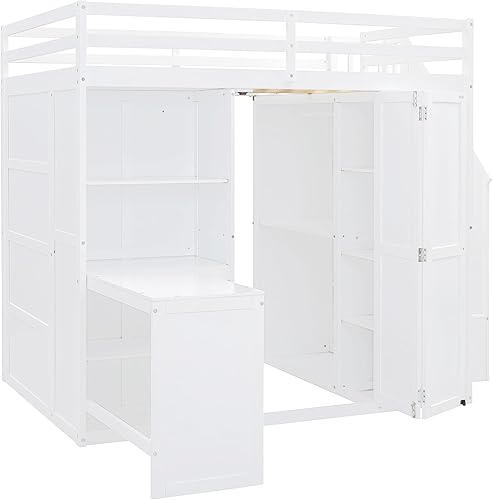 Miniatura 112 de Cama alta funcional tamaño individual con 2 cajones y 2 armarios, base de cama de madera maciza con barandilla de seguridad y escalera de