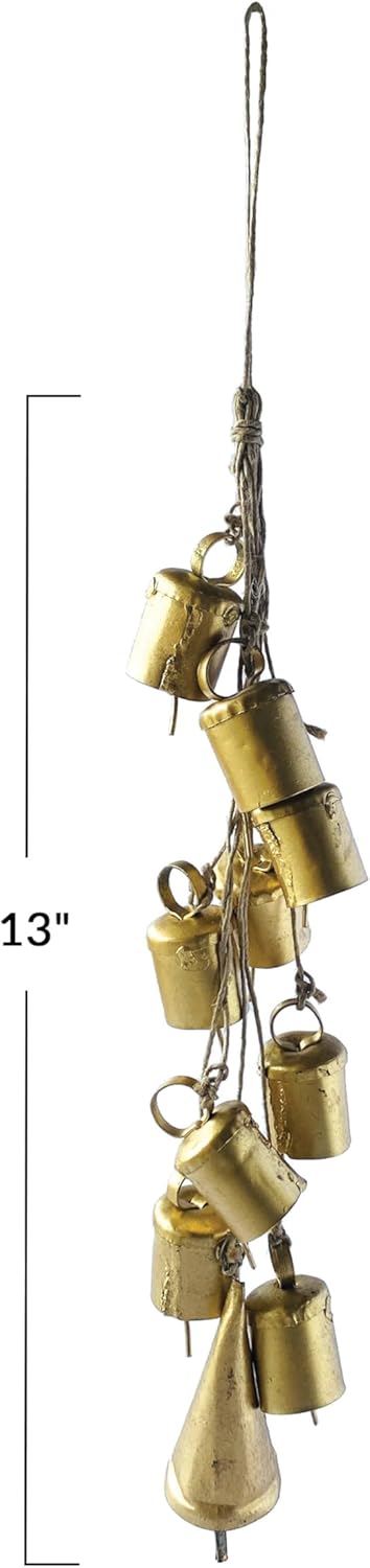 Creative Co-Op 13"H Handmade Hanging Metal Bells on Jute Rope, Gold Finish