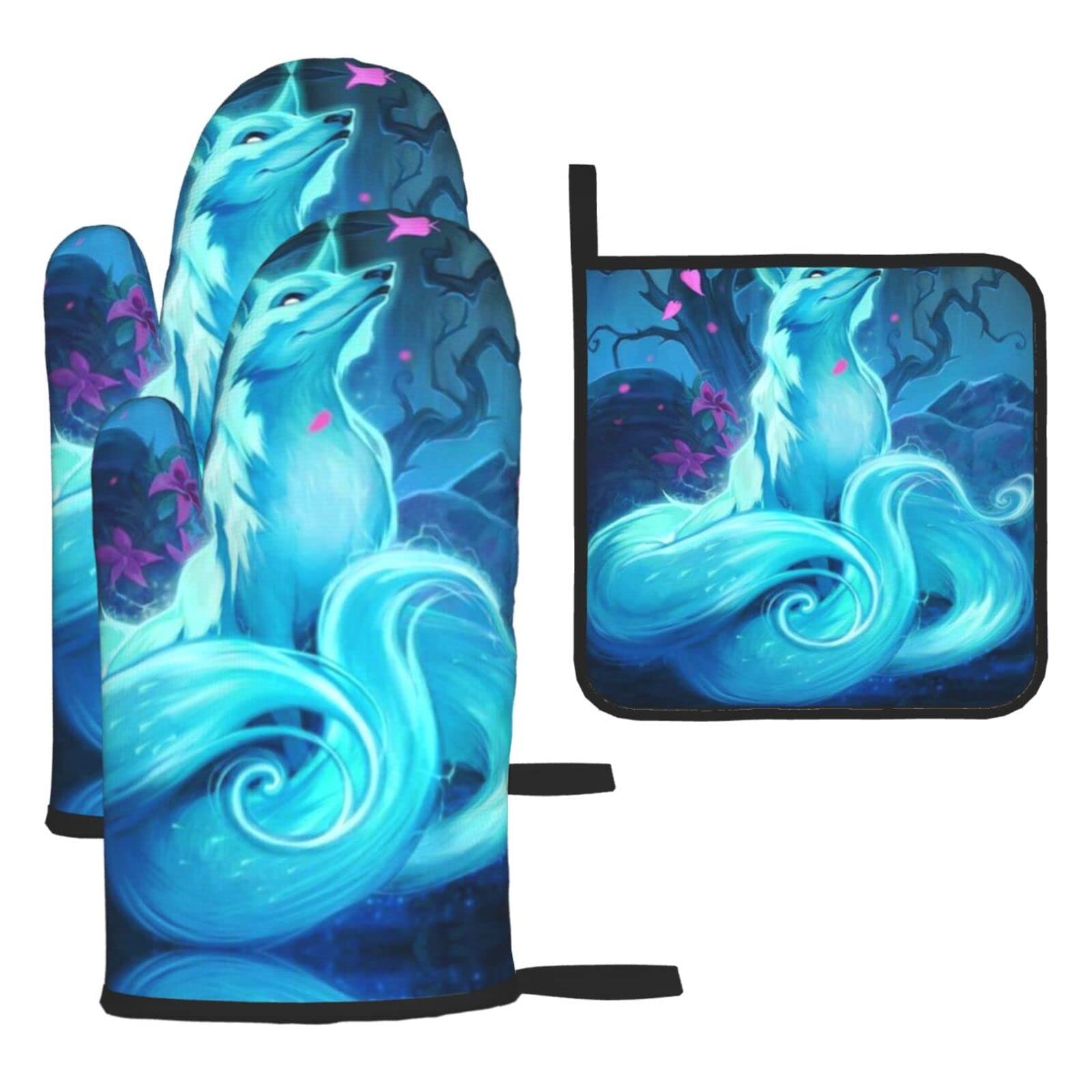 Blue Fox Oven Mitts and Pot Holder Kitchen Set for Grilling, Cooking, Baking, Heat Resistant