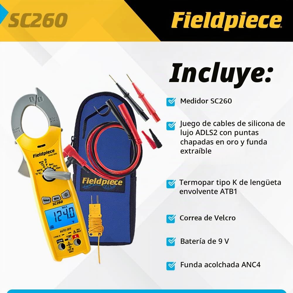 Fieldpiece Multímetro compacto de abrazadera HVACR SC260 - Medidor de abrazadera RMS verdadero con temperatura, capacitancia y retroiluminación