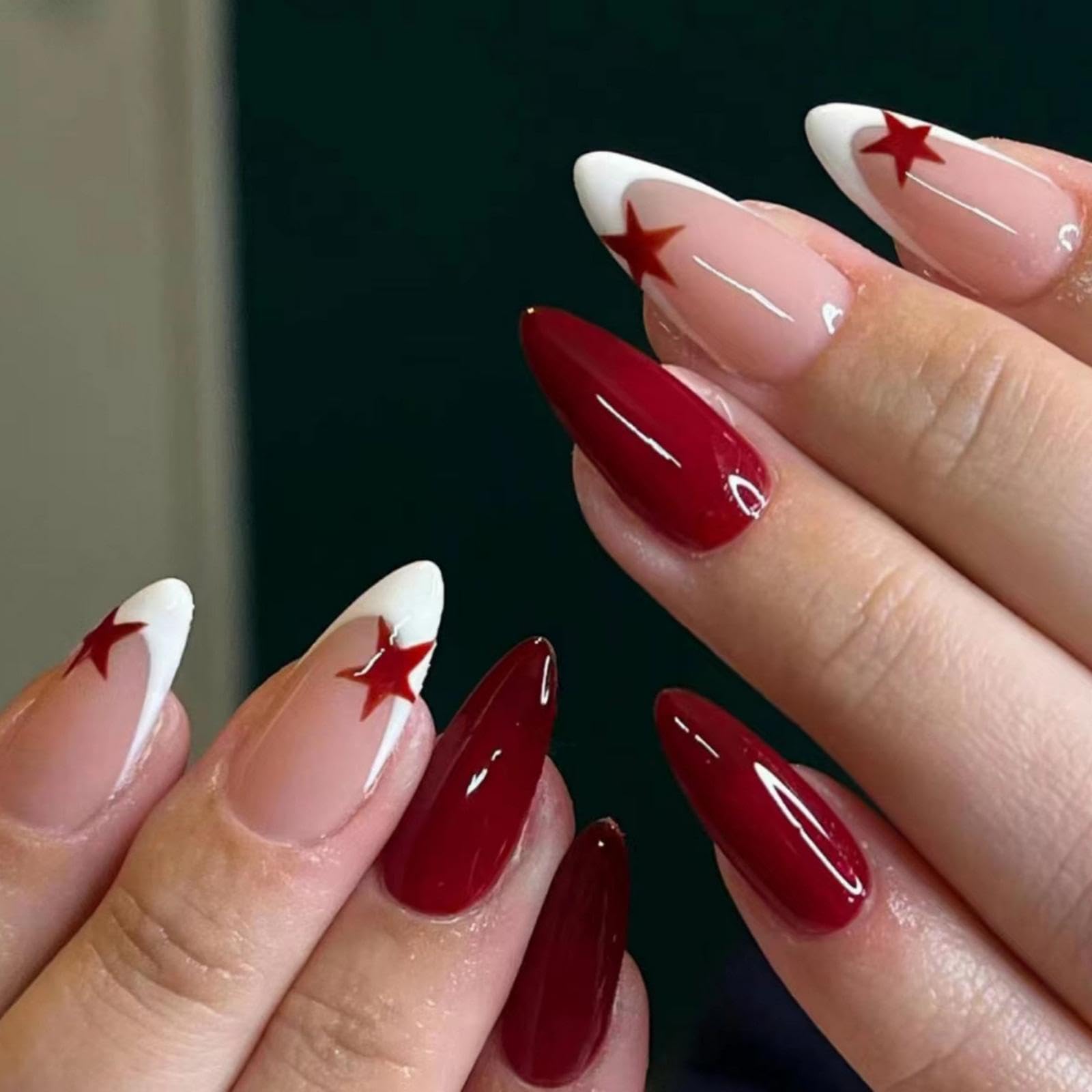 Red Press on Nails Medium Almond Fake Nails Red Star Glue on Nail White French Tip False Nail with Design Pink Acrylic Nails Press ons Glossy
