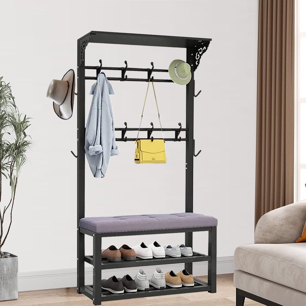 MYUYEE Coat Stand With 2-Tier Shoe Racks, Metal Coat Rack With Shoe Bench And Shelf, Free Standing Hall Tree With Hooks, Easy To Assemble For Entryway Hallway Bedroom-80/100Cm(A-100Cm)
