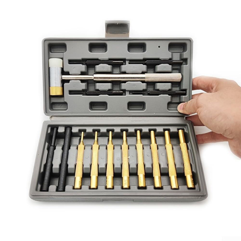 Lot de 15 chasse-goupilles avec marteau – Tête double face en laiton et nylon pour horlogerie, tâches fines et travaux d'outils – Comprend un étui de rangement