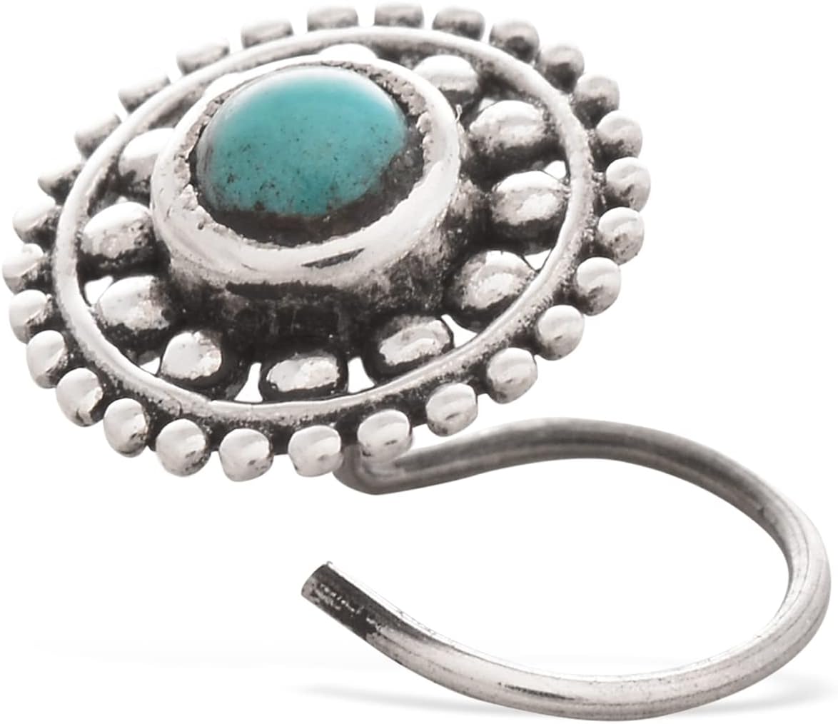 PeenZone Nose Pin Stud Turquoise 925 Sterling Silver Round Shape Cup Setting Hypoallergenic Handmade Jewelry for Women