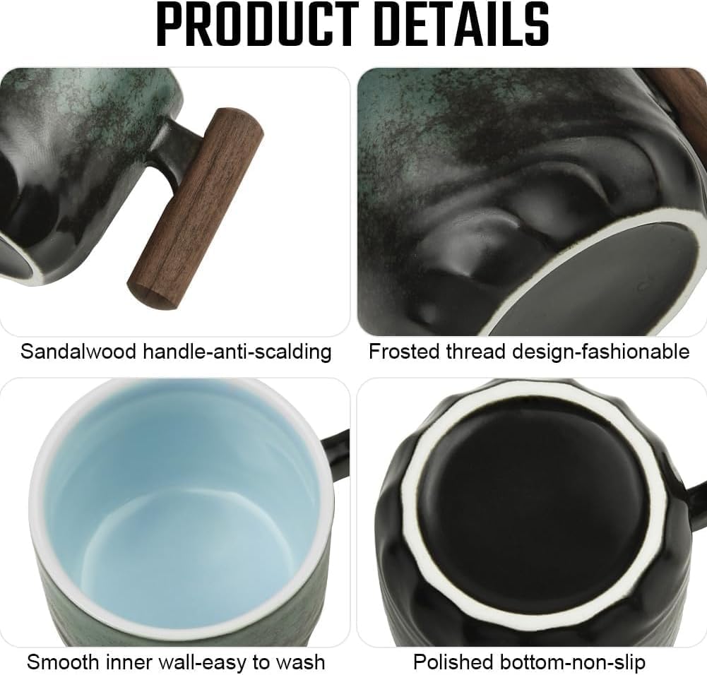Retro Ceramic Espresso Cups With Wooden Handle, Handmade Glazed Coffee Mugs For Home & Office, Perfect For Tea And Espresso (70ml) - Stylish Porcelain Drinkware Black