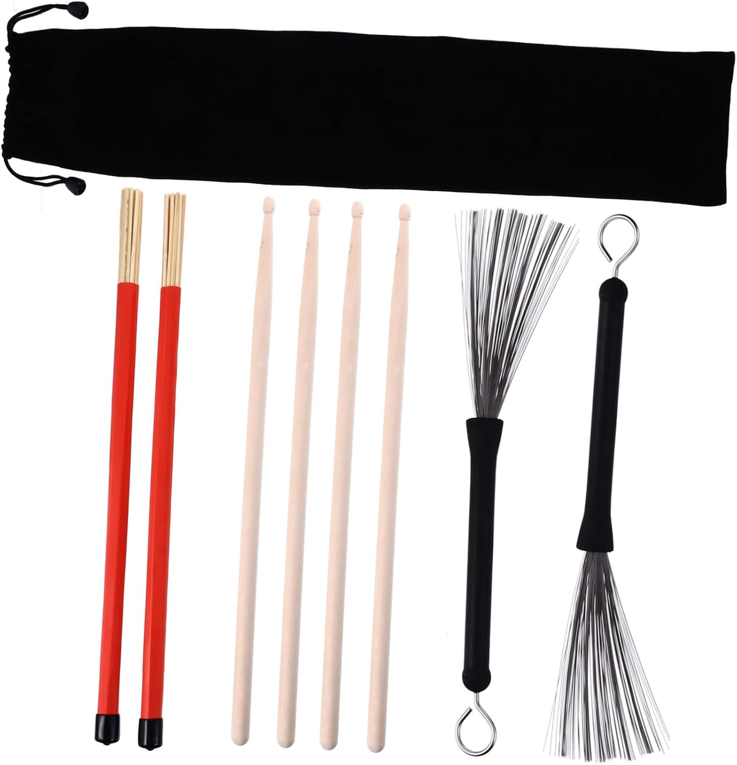 LIFKOME 9-Piece Drum Stick Set Bamboo Handles and Steel Wire Brushes for Jazz and Rock Drumming Includes Drumsticks and Holder for Easy Storage
