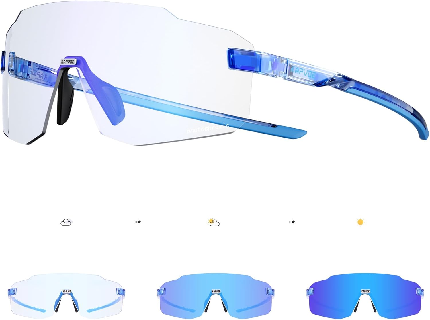 KAPVOE Photochromic Cycling Glasses for Men Women Sport Sunglasses UV Protection Driving Mountain Running MTB Frameless K341