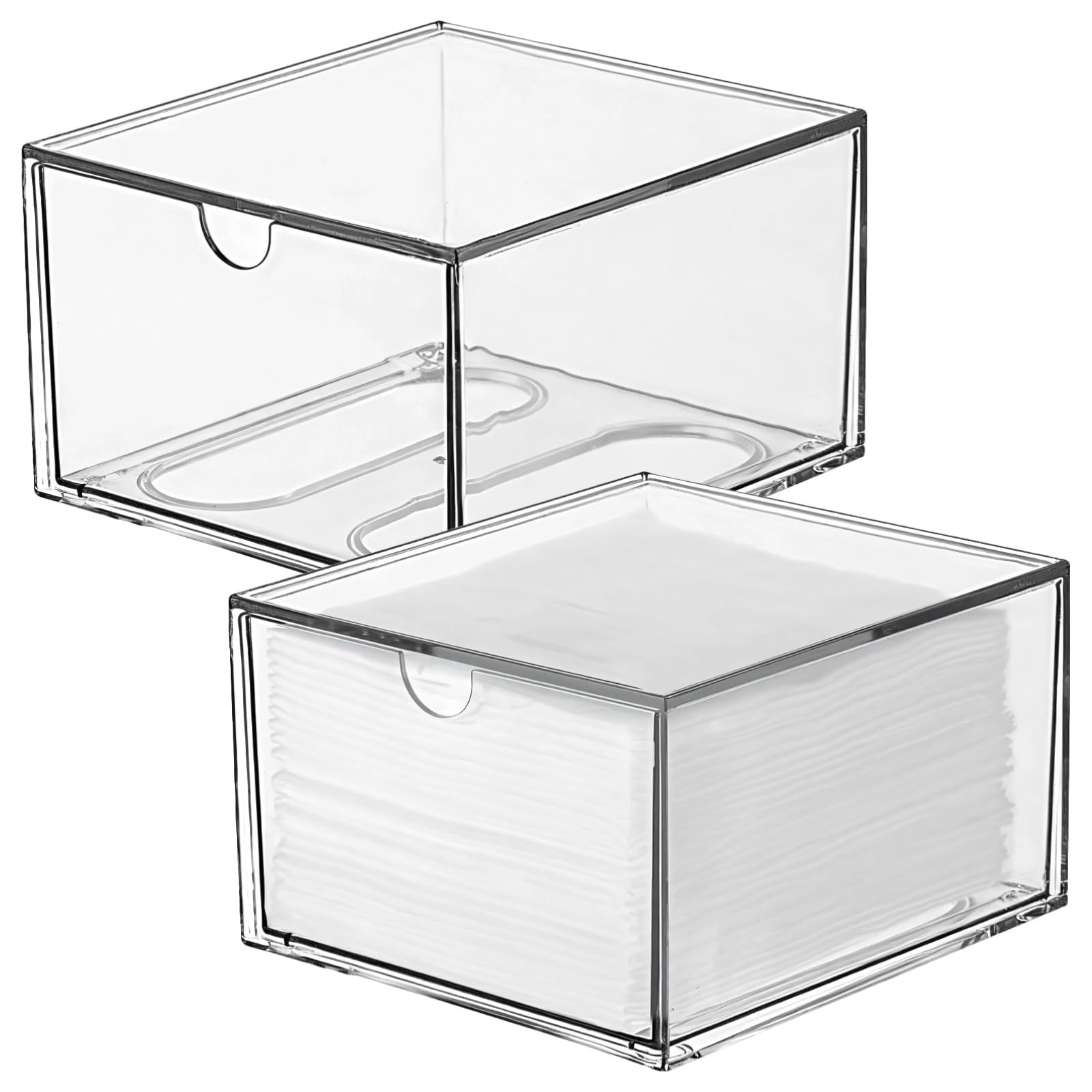 2 pièces boîte organisateur acrylique empilable pour coiffeuse, grand distributeur transparent de disques de coton avec tiroir et ouverture latérale, rangement maquillage pour salle de bain et commode
