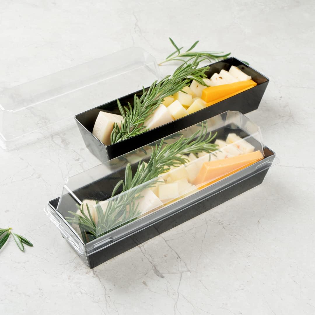 Restaurantware Matsuri Vision 6.5 x 1.7 x 1.4 Inch Sushi Trays 100 Greaseproof Sushi Packaging Boxes - Lids Sold Separately Disposable Black Paper Sushi Containers For Appetizers Or Desserts