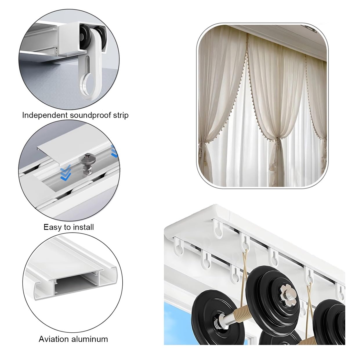 Rail de rideau de plafond à double rangée ultra-fin, silencieux, pour salon et chambre à coucher, raccords complets en aluminium, 6,2 m, noir