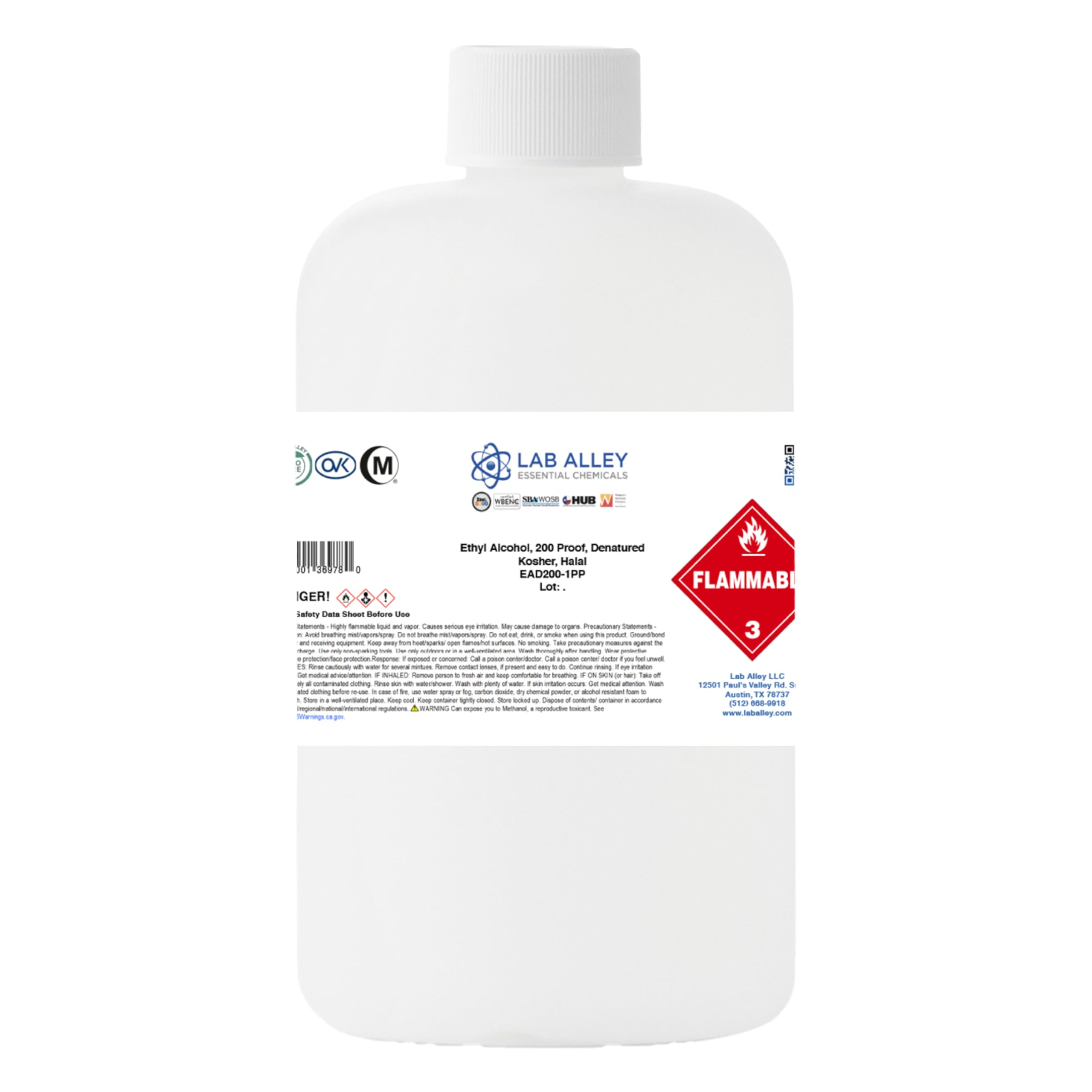 Lab Alley Denatured Ethanol 200 Proof, Kosher & Halal Certified, GMO-Free Ethyl Alcohol for Laboratory & Industrial Use, 1 Pint