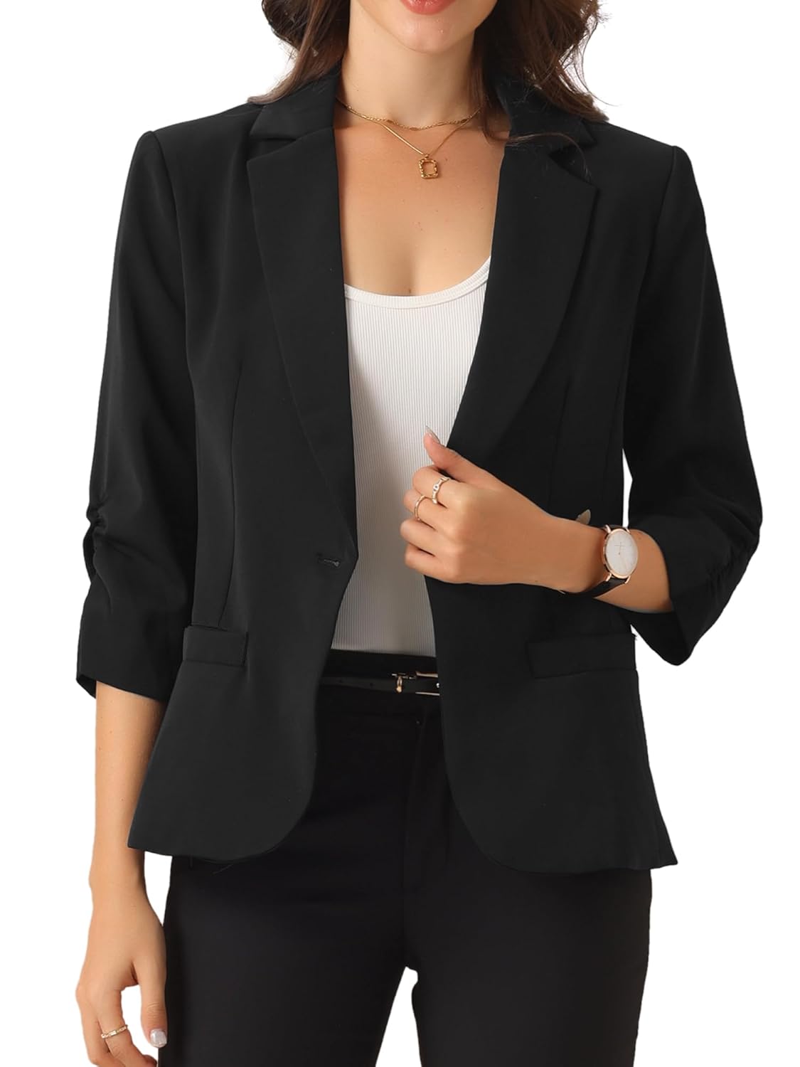 Allegra K Blazers for Womens Open Front Casual Outfits Work Office Suit Jackets Ruched 3 4 Sleeve Blazer