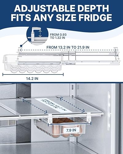 Miniatura 5 de Skywin Cajón de huevos para refrigerador, paquete de 2 soportes a presión para organizar y proteger los huevos, ajustable y ahorro de espacio,