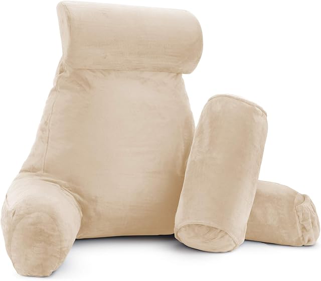 Clara Clark Reading Pillow Adult, Back Pillow for Sitting in Bed - Shredded Memory Foam Reading & Bed Rest Pillow with Arms and Pockets - Bed Pillows for Sitting Up in Bed - Large, Cream