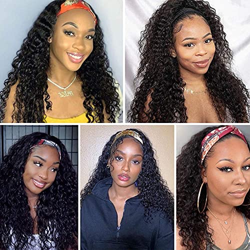 Image of XSY Curly Headband Wig Human Hair 10 Inch Short Deep Wave Headband Wigs for Black Women Brazilian Virgin Glueless None Lace Front Wigs 150% Density Natural Color