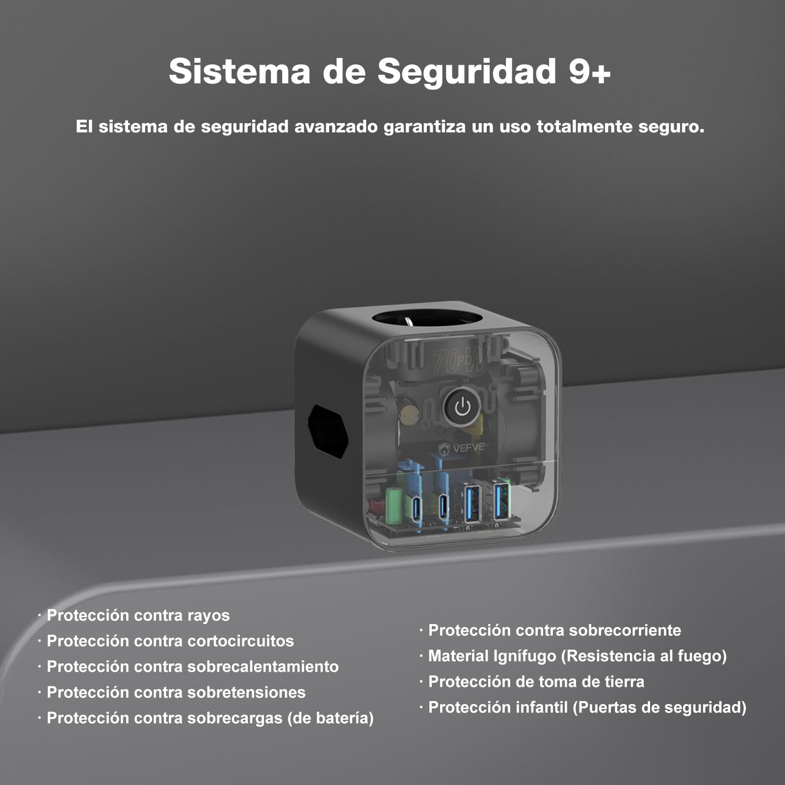 VEFVE Ladrón Enchufes Pared 70W GAN, Cubo Enchufe Múltiple 7 en 1 Sin Cable con Interruptor, Cargador Rápido USB C para iPhone 17, MacBook, Galaxy, Negro