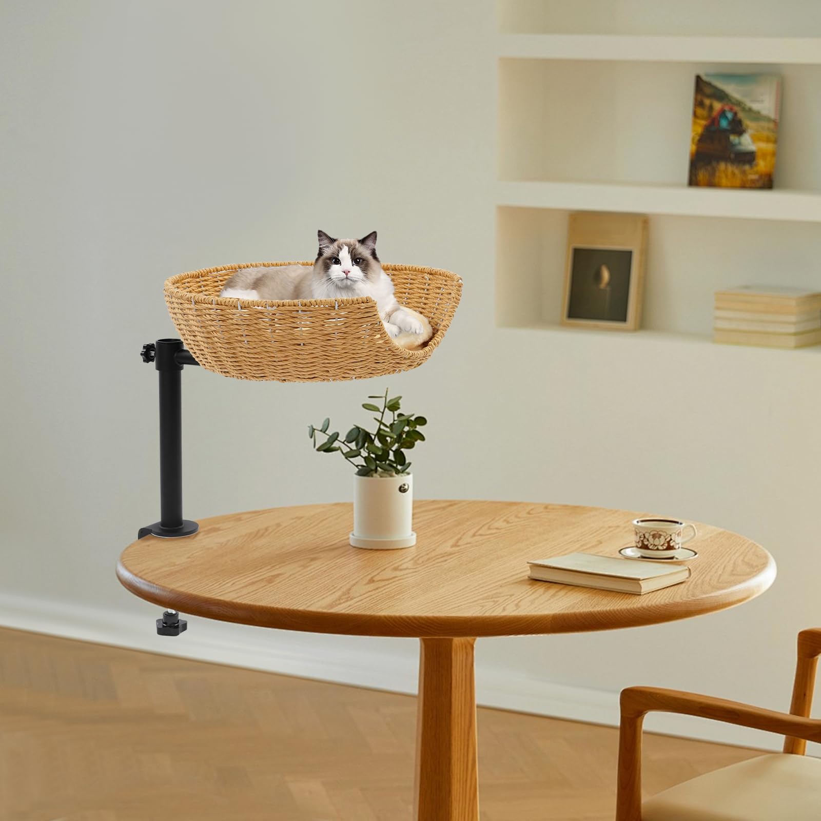 Katzenbett für Schreibtisch mit 360° Drehfunktion, Höhenverstellbares Erhöhtes Katzenhaus aus Papierkordel, Tischmontage Katzenhängematte mit 2 Saisonalen Polstern, Tragfähigkeit bis 22 kg, 40x13 cm