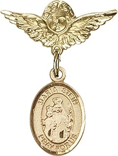 14kt Yellow Gold Baby Badge with Maria Stein Charm and Angel w/Wings Badge Pin 1 X 3/4 inches