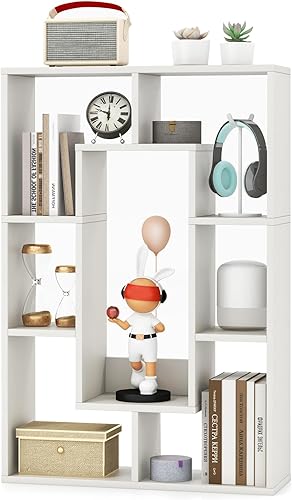 Tangkula Estantería geométrica de 35.5 pulgadas, estantería abierta de madera independiente con 7 cubos, dispositivos antivuelco, decoración de