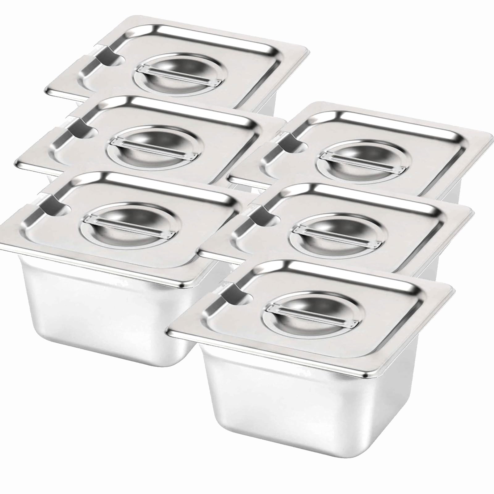 6 Pack Stainless Steel Hotel Pans, 1/6 Size 4 Inch Deep Steam Table Pan, Reusable Catering Food Pan with Lid, Anti Rust, for Restaurant, Hotel, Buffet