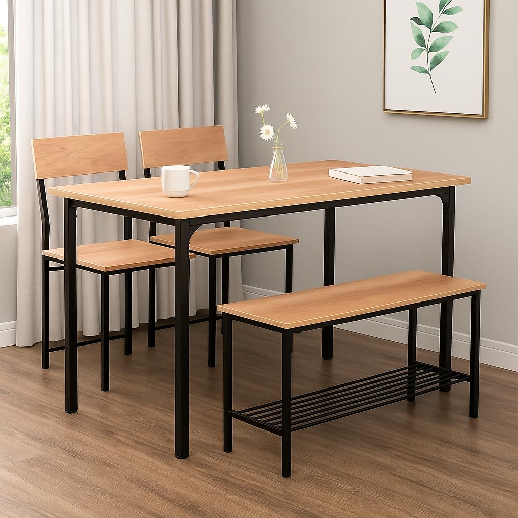 FORECRAFTS Dining Table Set of 4 with Bench & Chairs, 4 Seater Table, Engineered Wood Top & Metal Frame, Compact Space Saving Furniture for Home & Kitchen (Gold Oak- DIY)