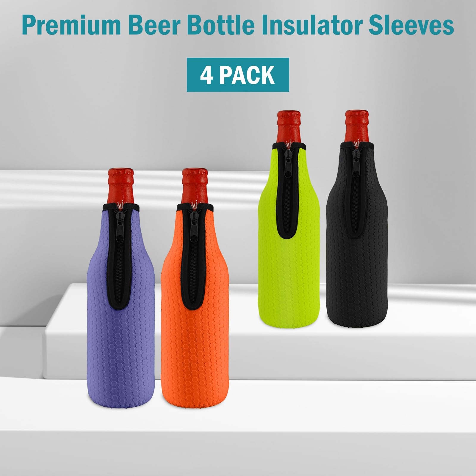 KENOBE 4 X 16 OZ Refrigeratori Per Bottiglie Di Birra, Isolati, Riutilizzabili, Antiscivolo, In Neoprene, Maniche Con Chiusura Lampo, Custodie Per Bottiglie Di Birra (500-530 Ml), 4 Refrigeratori Di