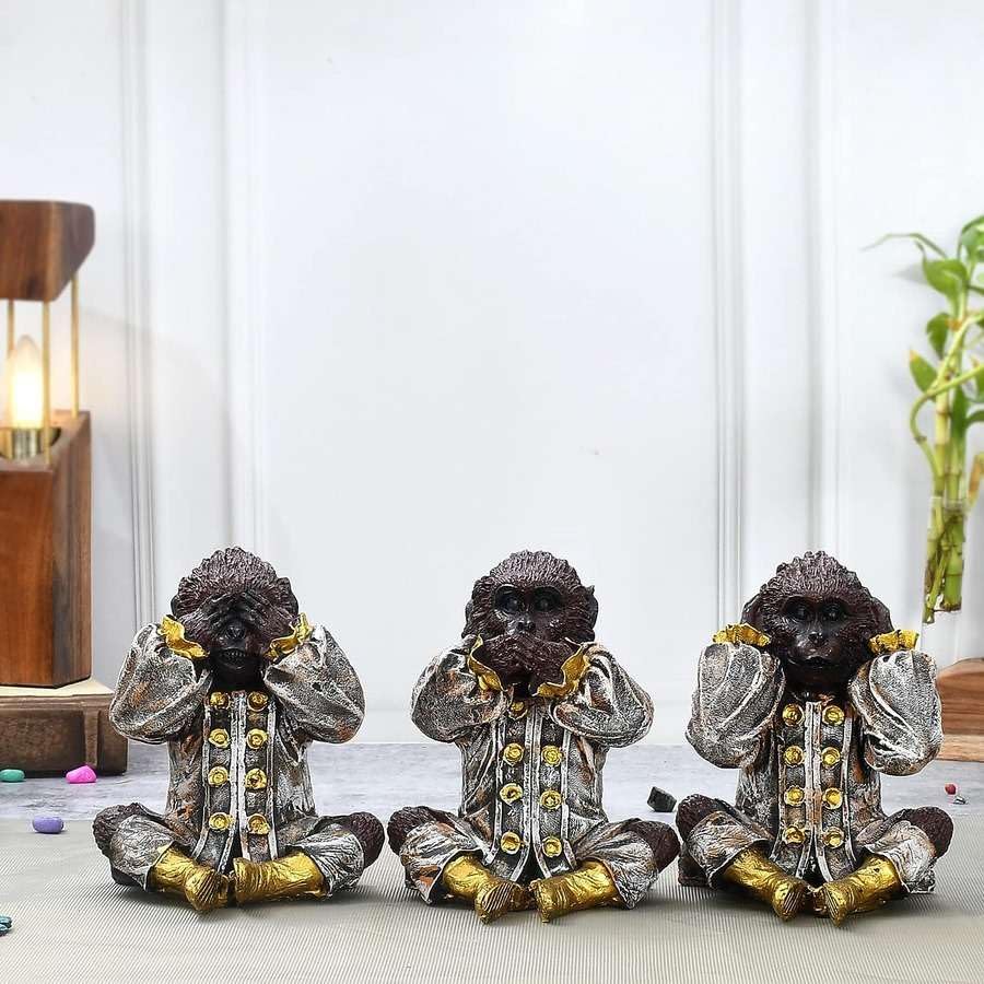 ARTLIFE STORE Hand Crafted Antique Finish Set of 3 Monkey for Home Decor/Gifting/Living Room Decorative Showpiece, Medium