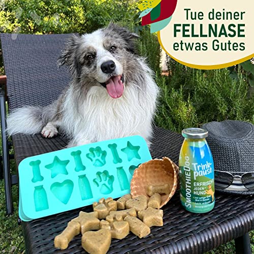 SmoothieDog Eiswürfelform aus Silikon + 6x Trinkpause (Ente) je 250ml Hundesmoothie - Hundeeis selber machen - BPA-frei, Eisform, Herz, Stern, Pfote, Knochen, Eiswürfelform, Hundekekse backen