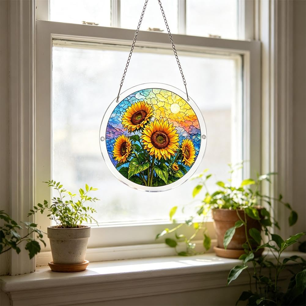 Acrylic Puzzles Sun Catcher Window Hanging, 83 Pieces Sun Catcher Acrylic Puzzles, DIY Stained Glass Acrylics Jigsaw Puzzle Sun- Catchers Kit for Women, Men, Wife, Aunt, and Mom (sunflower)