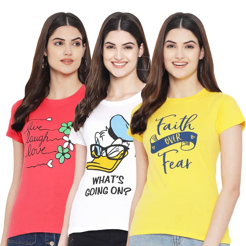 Image of Preneum Women's Cotton Regular Fit Graphic Stylish Printed Short Sleeves Casual T-Shirt || Trend & Style (Pack 3)