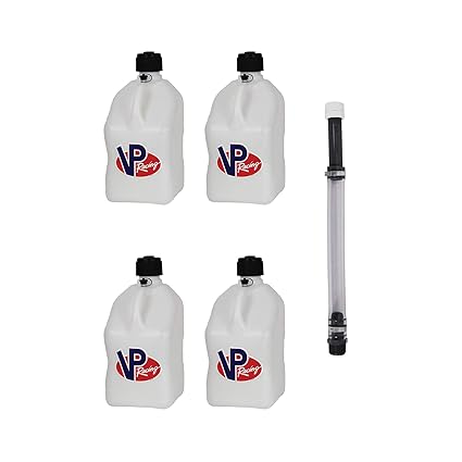 VP Racing Fuels 5.5 Gallon Motorsport Utility Container with 14 Inch Standard Hose Close Trimmed Cap and Neck for Tight Seal, White (4 Pack)