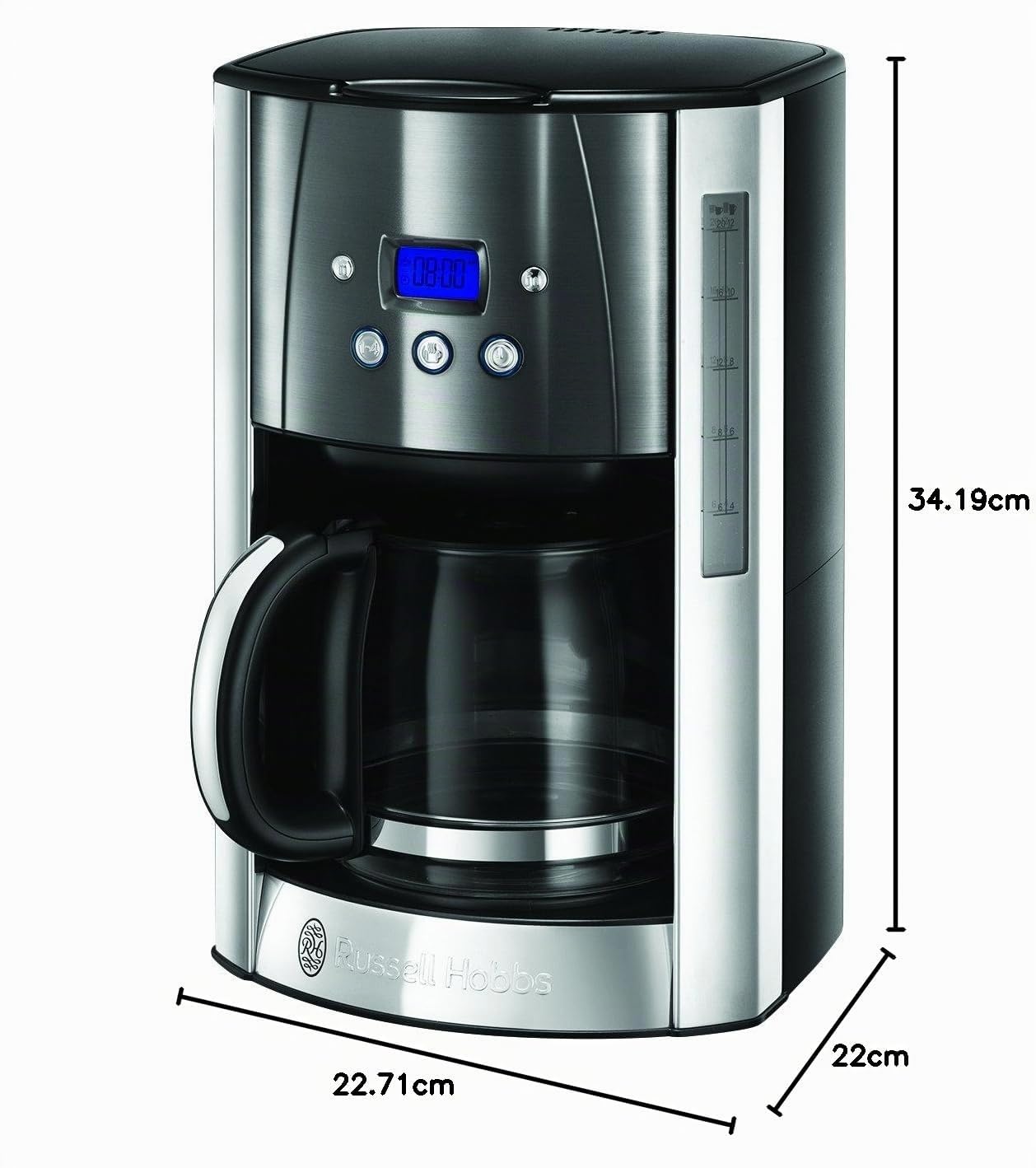 Russell Hobbs Cafetera de Goteo Luna Moonlight - 12 Tazas, Jarra Cristal 1,8L, Programable, Soporte de Filtro Lavable, Tecnología de Rociado Avanzada, Acero Inoxidable, Plata y Gris - 23241-56