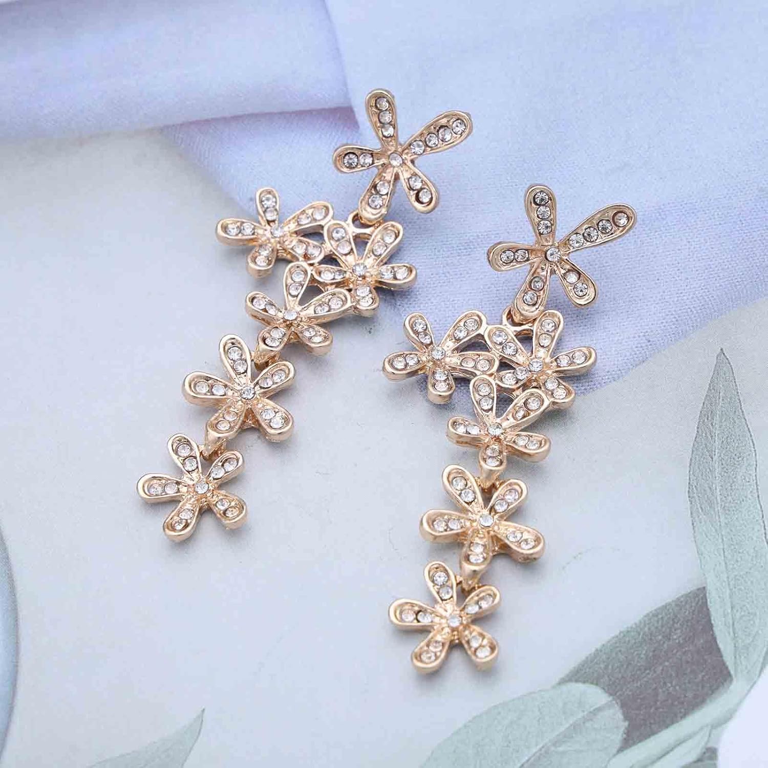 Vintage Cz Flower Dangle Earrings Gold Crystal Flower Earrings Long Flower Drop Earrings Rhinestone Floral Stud Earrings Cluster Floral Earrings Jewelry for Women - Image 5