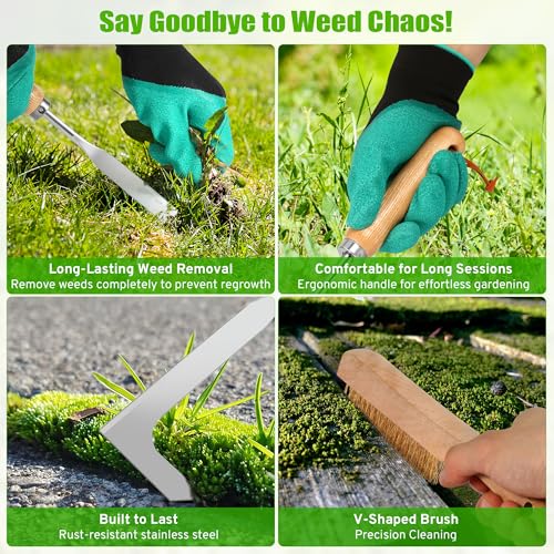 COZCLAM 2-Pack Garden Weeder Tool Set with Patio Brush and Gloves, Manual Weed Removal Set with Wooden Handle to Remove Weeds, Dandelion, Moss, Garden Tools for Gardening, Driveways, Patios, Paving 4 COZCLAM 2-Pack Garden Weeder Tool Set with Patio Brush and Gloves, Manual Weed Removal Set with Wooden Handle to Remove Weeds, Dandelion, Moss, Garden Tools for Gardening, Driveways, Patios, Paving - Image 4