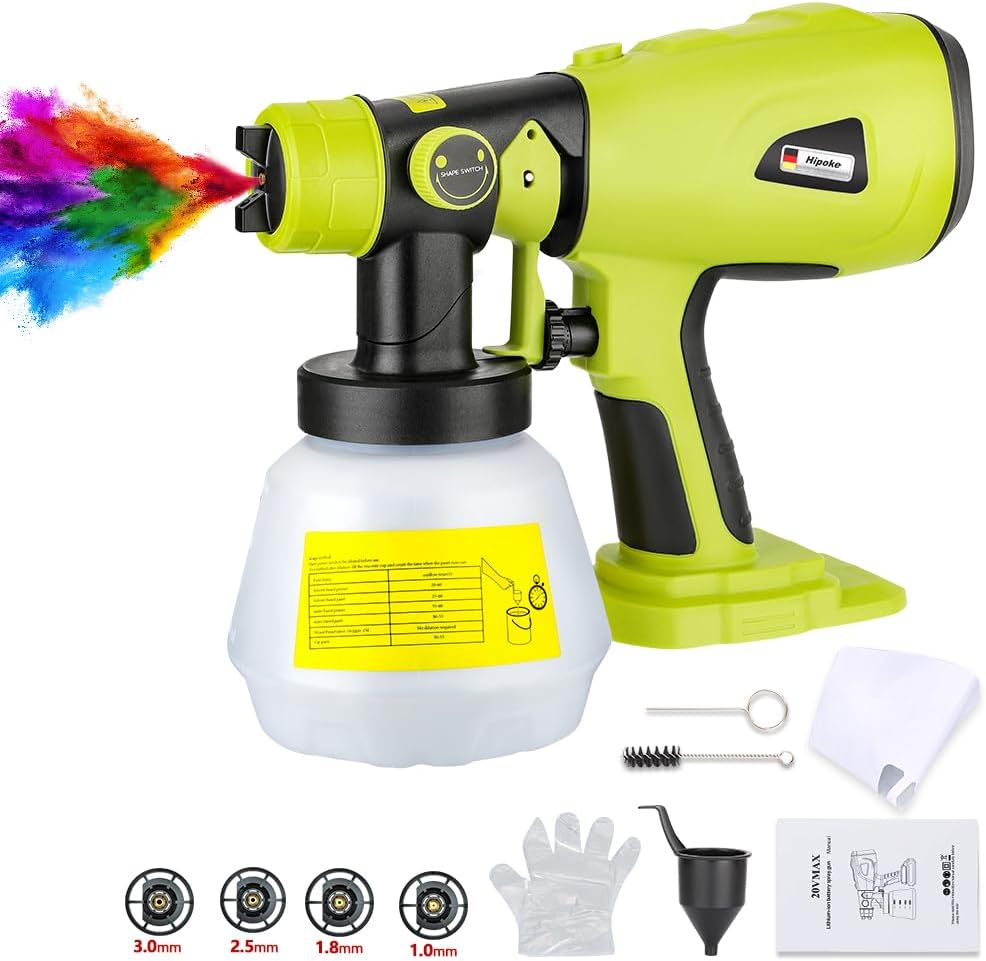 – Cordless Paint Sprayer Compatible with Ryobi 18V One+ Lithium Battery,Hipoke 200W HVLP Paint Sprayer Gun 4 Nozzles 3 Patterns for Home Furniture Fencing Decking Wall Ceilings