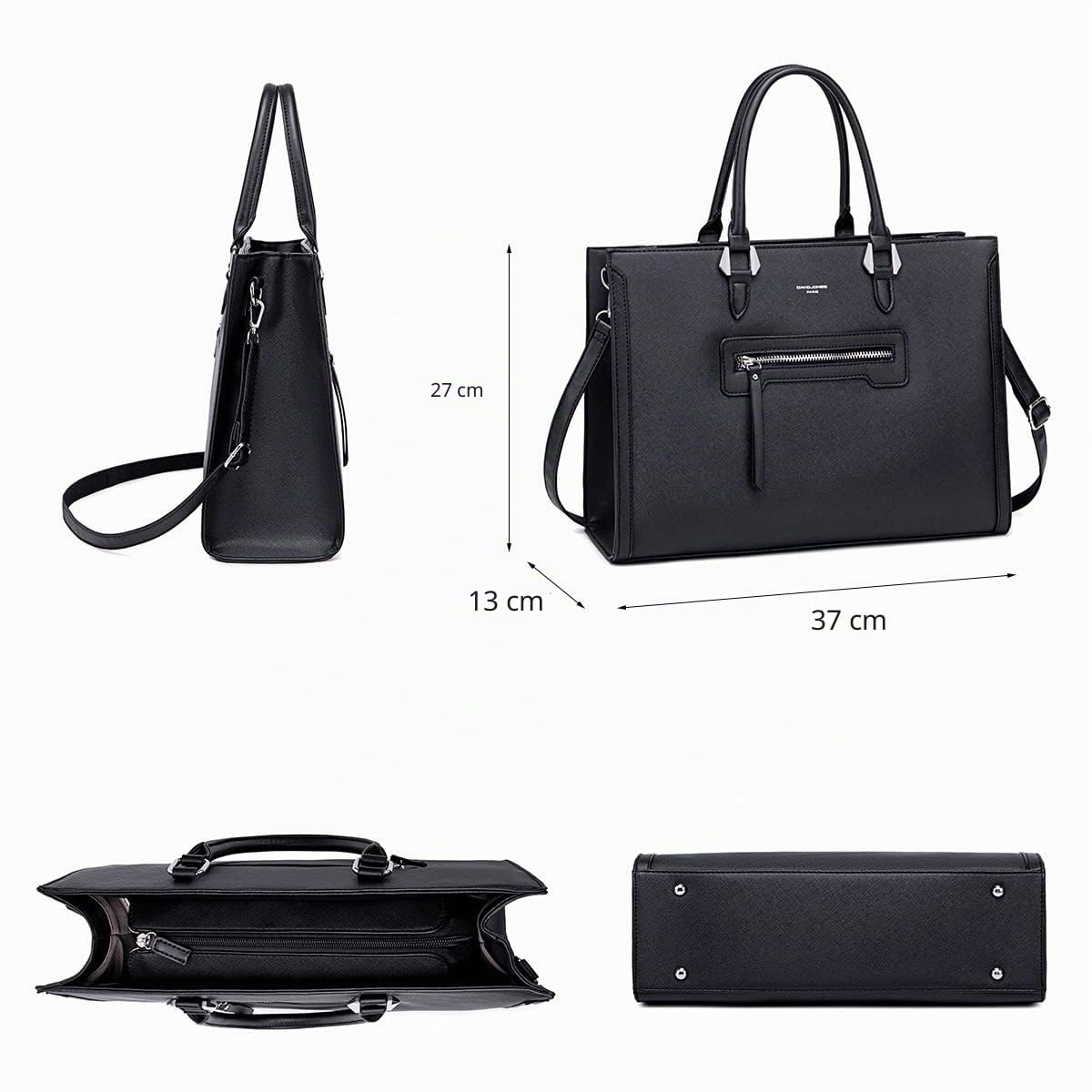 David Jones - Borsa a Mano Donna Grande Capacità - Tote Shopper Bag Capiente PU Pelle - Tracolla a Spalla Ufficio Scuola Università - Ventiquattrore Cartella Moda Città - Nero