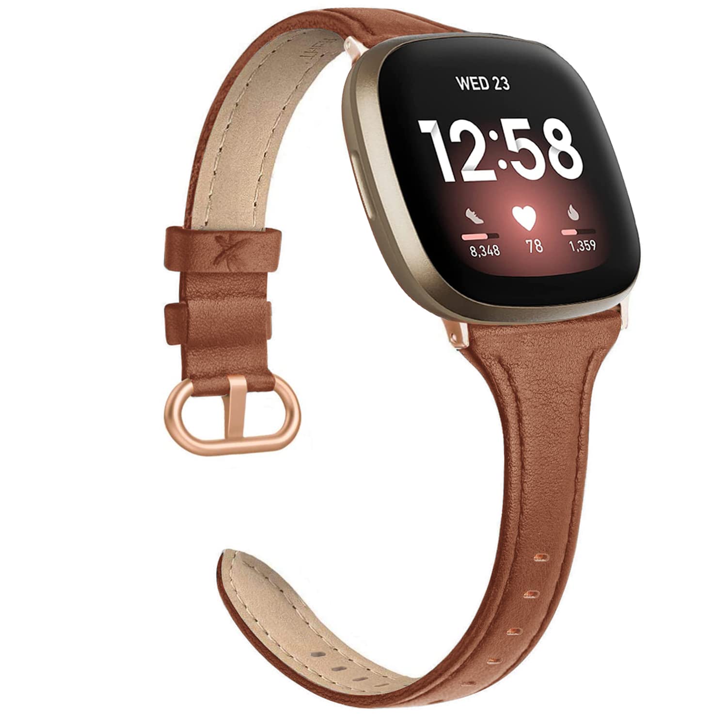 Genuine Leather Band Compatible with Fitbit Sense/Fitbit Versa 3 Bands for Women Men, Slim Strap Replacement Accessories Wristband for Fitbit Versa 3/Fitbit Sense Smart Watch (Rose Gold Brown)