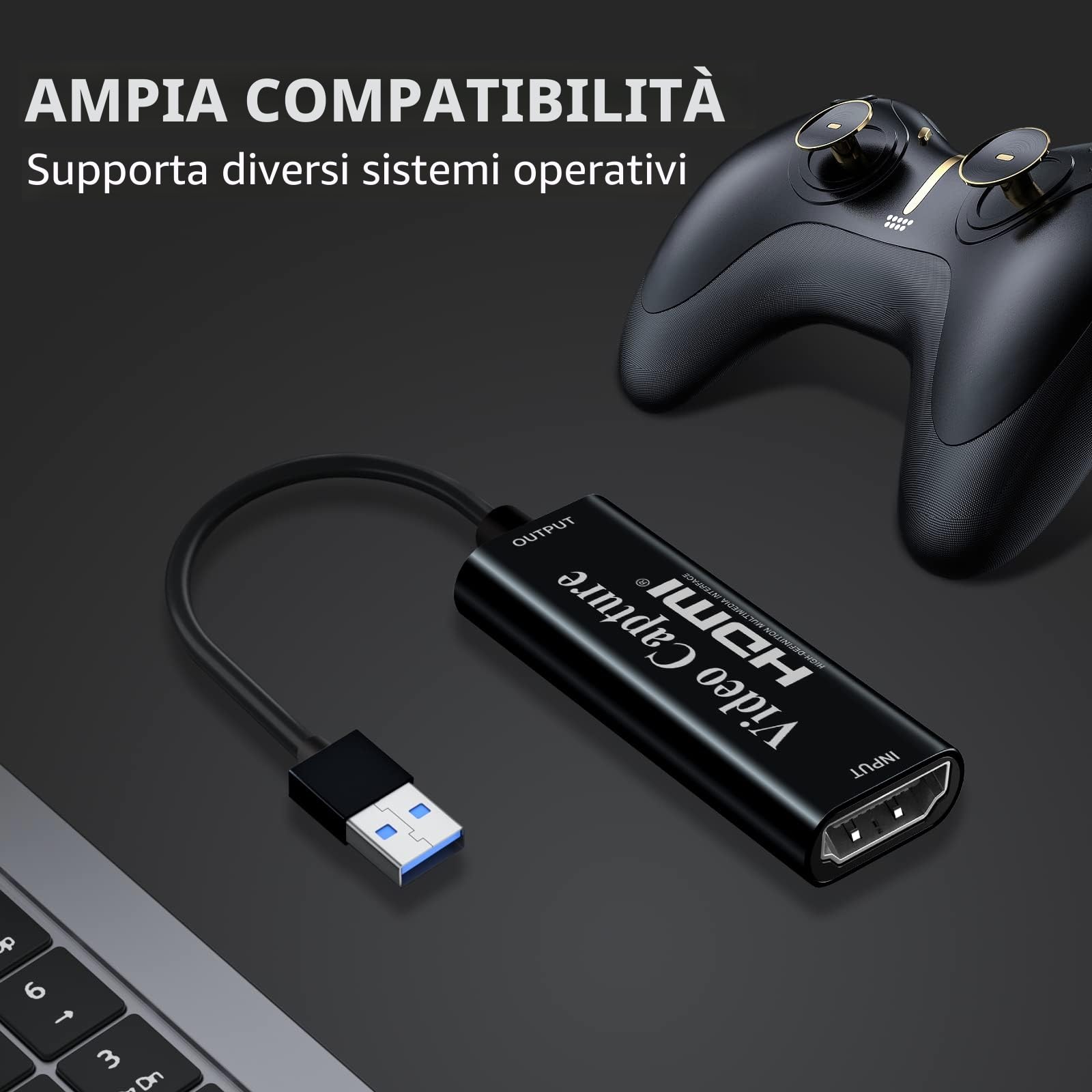 Papeaso scheda acquisizione video, 4K HDMI a USB Game capture card, Full HD 1080p per l'editing di video/giochi/streaming/insegnamento online (nero)