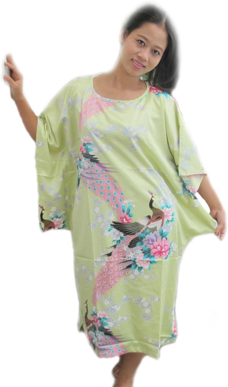 AromD Women's Kaftan Dress Short Caftan Peacock & Blossom Design, Green