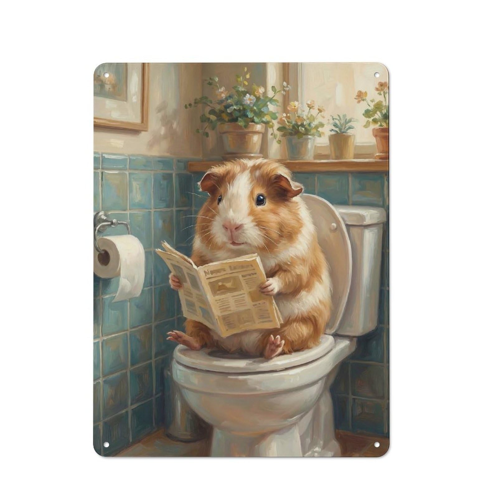 Modern Retro Guinea Pig Reading Newspaper on Toilet Metal Wall Art Sign 40x30cm, Studio Wall Art for Modern Home, Workshop, Office Or Cafe