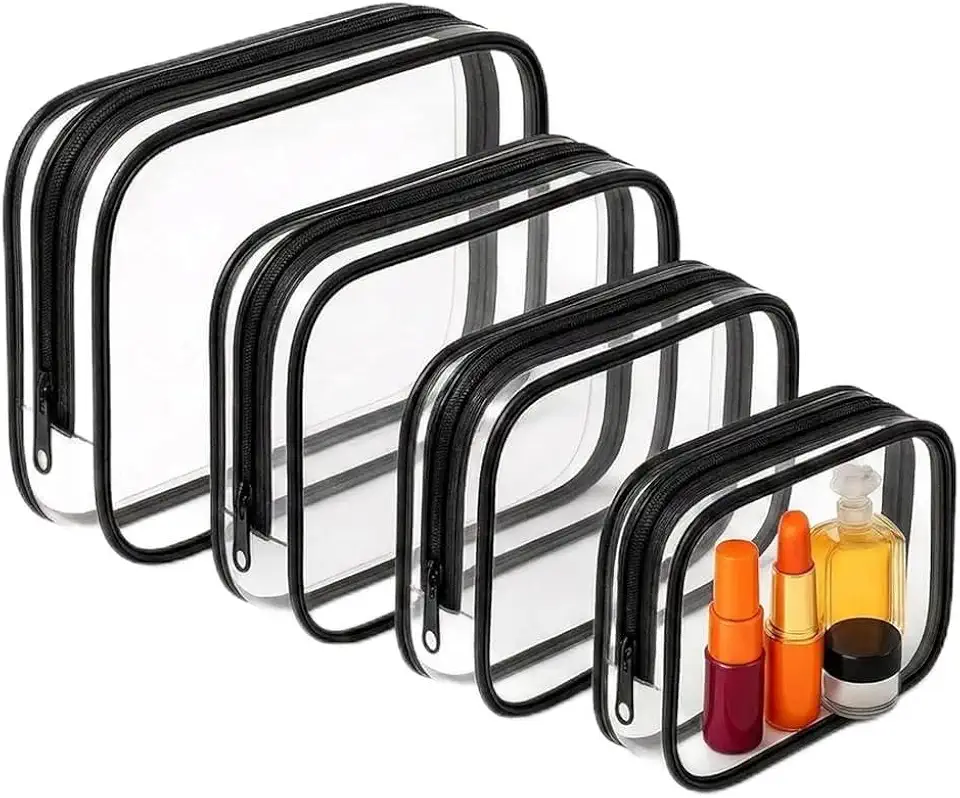 Kit 4 Peças Necessaire Transparente com Zíper Multiuso para Viagem e Maquiagem