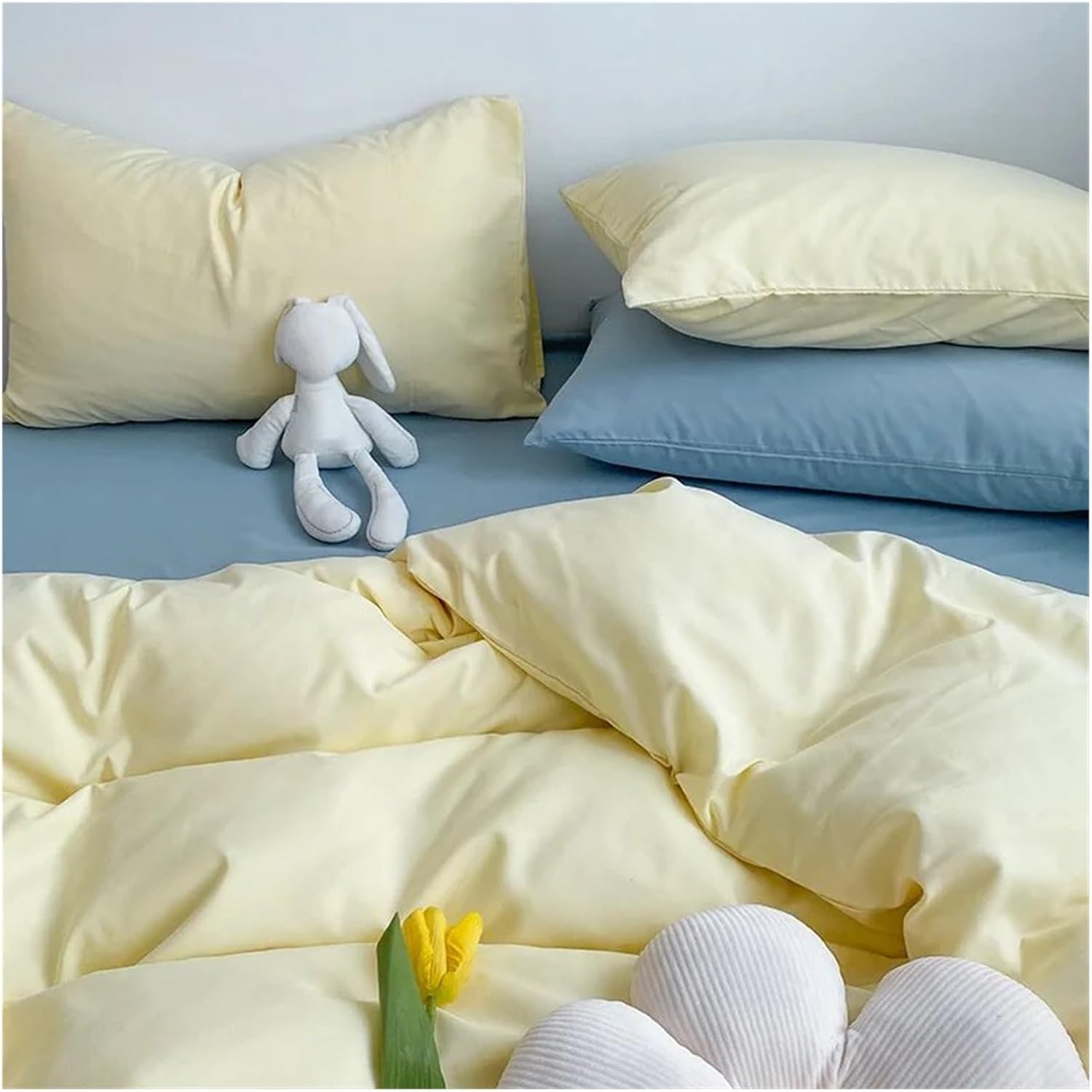 Bed, Bedding Set Washed Cotton Solid Color Simple Bed Sheet Quilt Cover Pillowcase Four-Piece Set