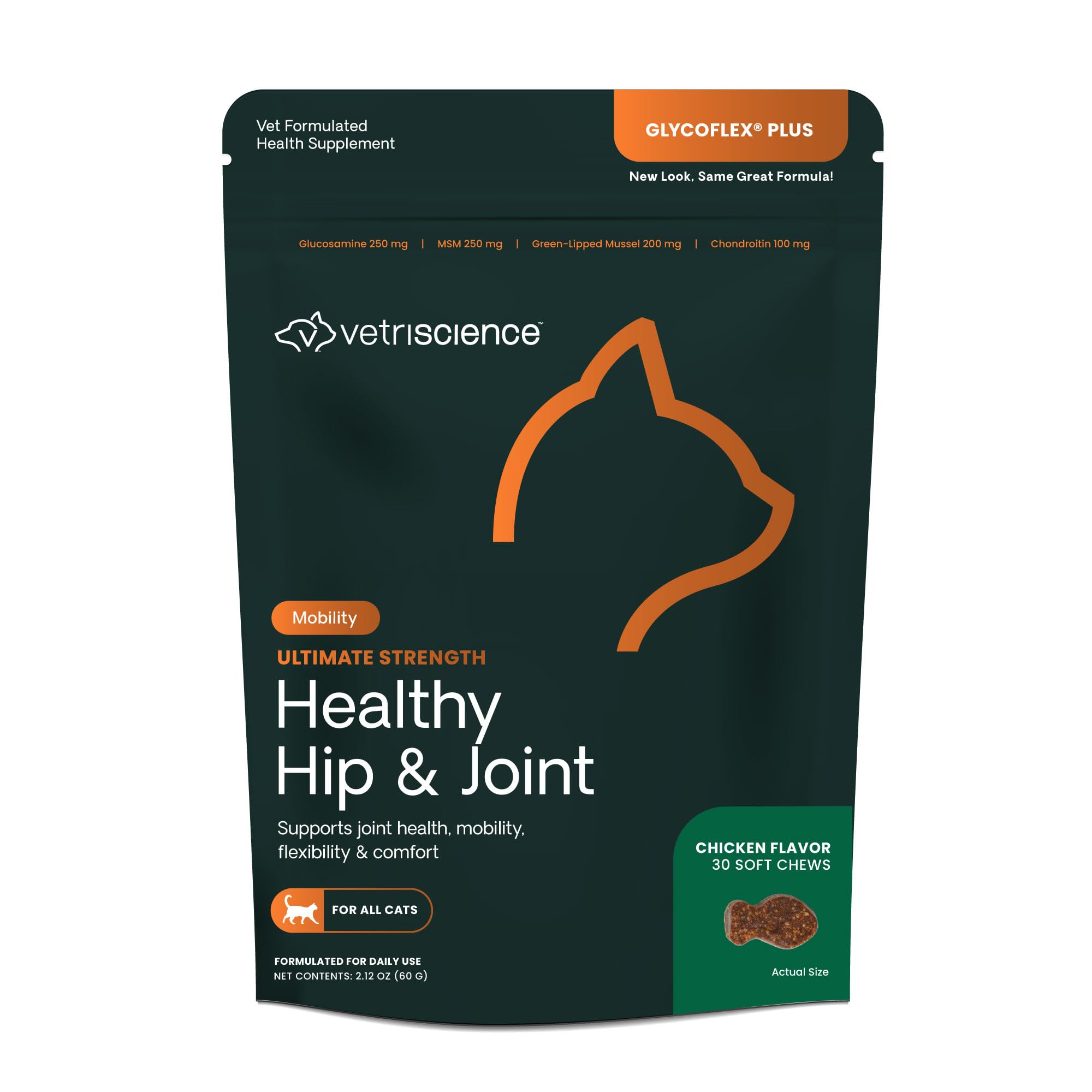 Extra Strength Healthy Hip & Joint Chews, GlycoFlex Glucosamine and Green-Lipped Mussel Joint Support Supplement for Cats, Promote Mobility and Soothe Joint Discomfort, Chicken, 30 Count
