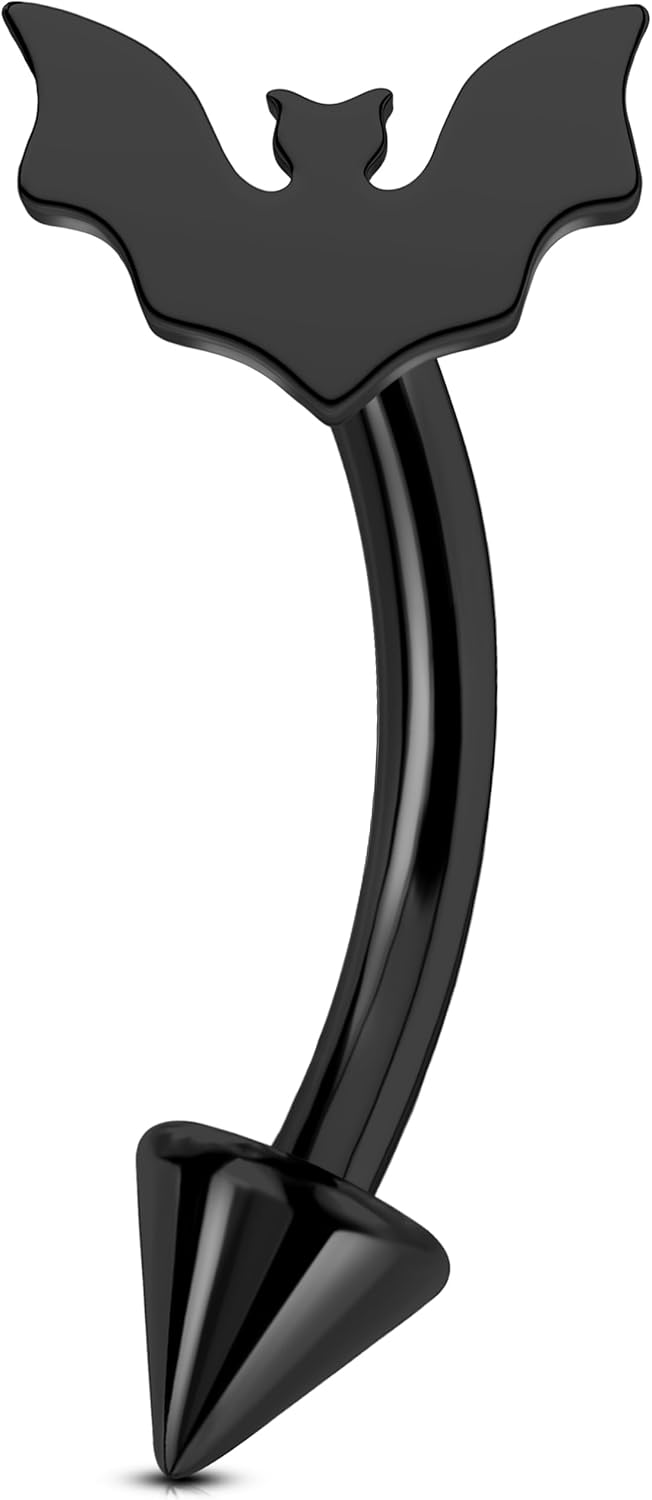 Melighting 16G Bat Rook Piercing Jewelry, G23 Solid Titanium Eyebrow Ring, Internally Threaded Vertical Labret Lip Jewellery, Black Curved Barbells, Daith Rook Earring for Women