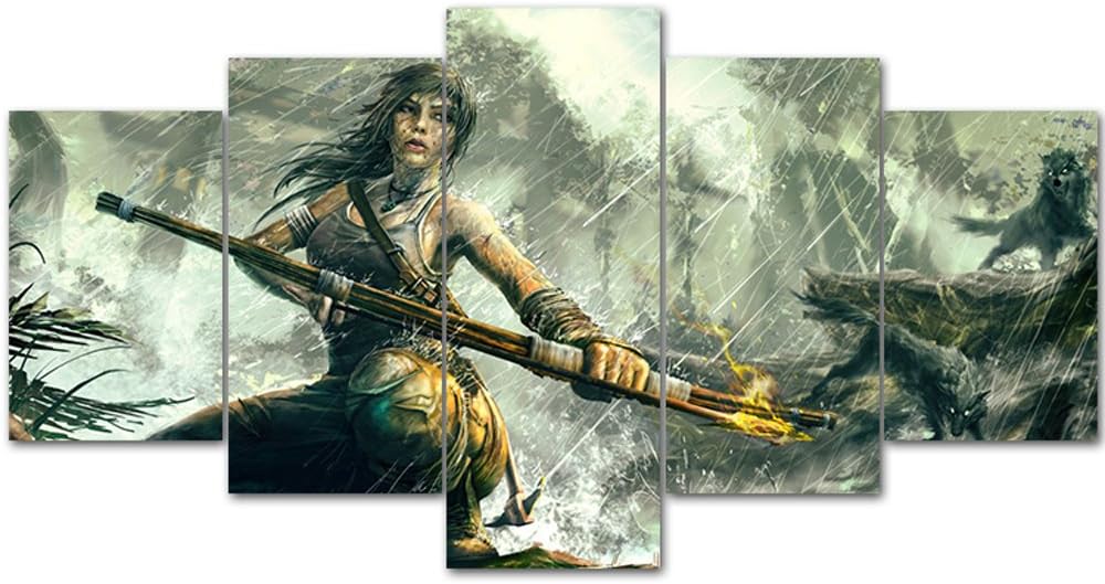 MingTing - 5 Panel Canvas Wall Art Lara Croft Tomb Raider Gaming Painting Home Decor Picture for Living Room