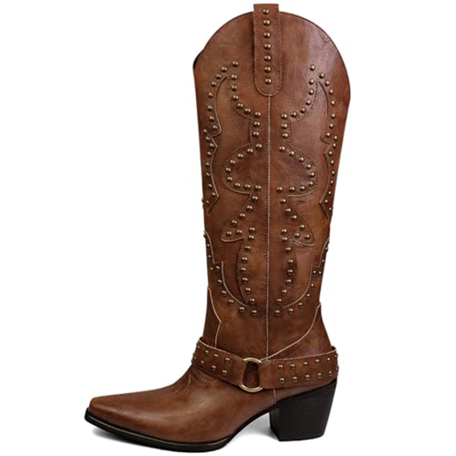 Womens Studs Western Cowgirl Boots Fashion Pointed Toe Chunky Heel Retro Pull On Non Slip Cowboy Mid Calf