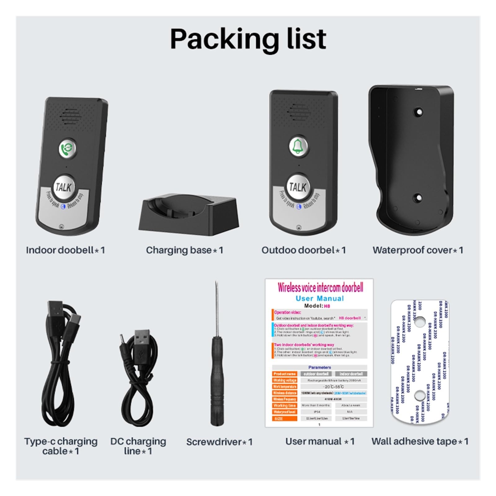 THikk Carillon de Sonnette de Porte Intelligent étanche, Rechargeable, interphone 1.5km, Appel Vocal, Kits de Boutons UV Longue Distance for intérieur et extérieur(1 to 1 Black)