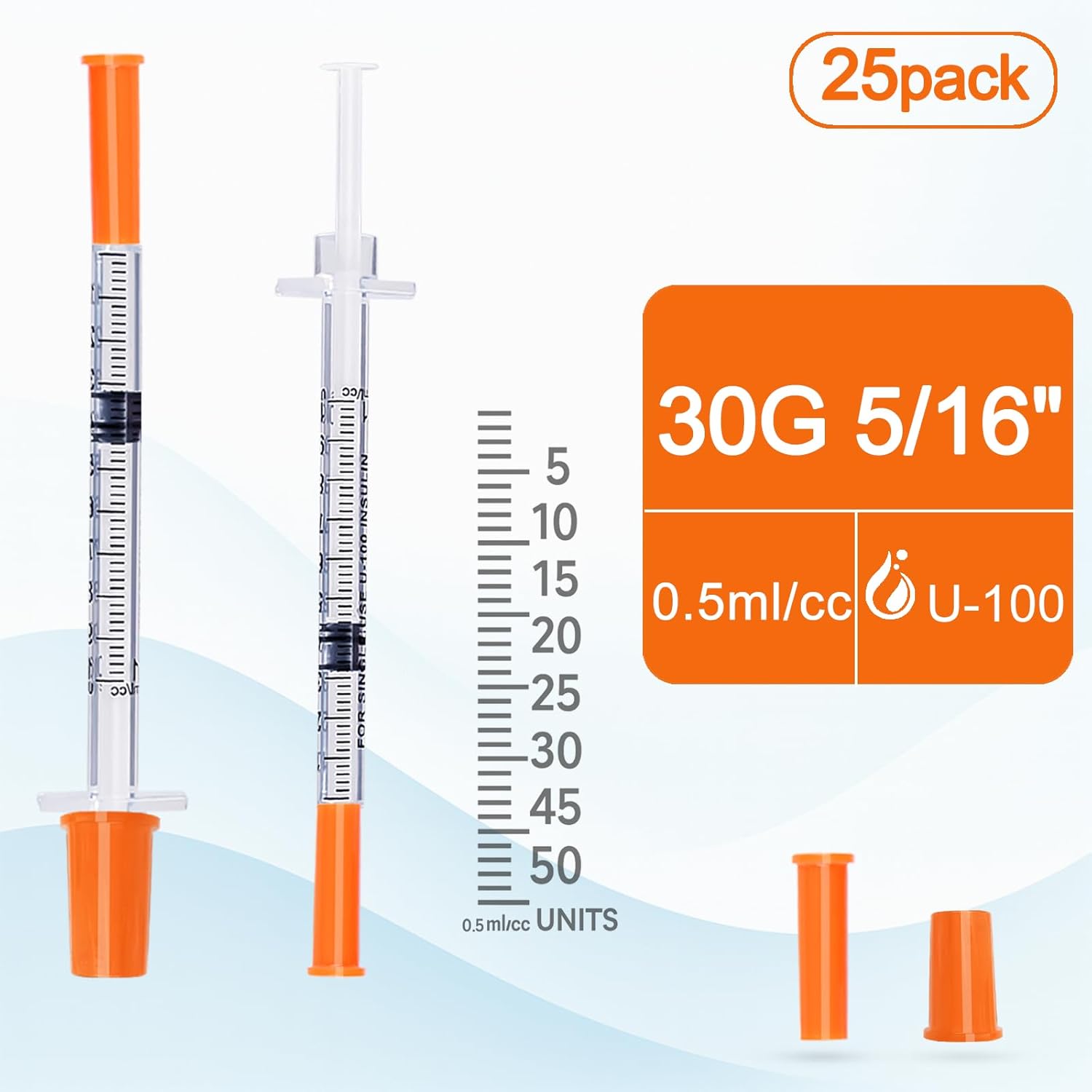 U-100 30G Syringes with Needle 0.5ml 5/16" (8mm) Inch, Individually Wrapped Packed 25 Pack